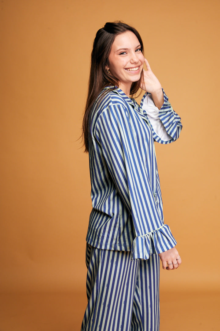 Pijama Americano com Babado Adulto Longo - Listrado Cósmico