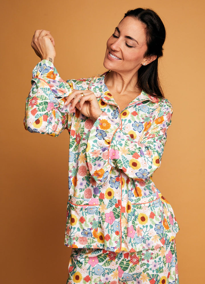 Pijama Americano com Babado Adulto Longo - Canteiro de Flores