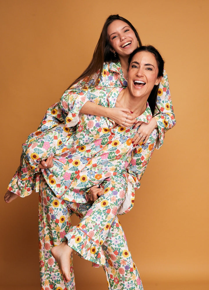 Pijama Americano com Babado Adulto Longo - Canteiro de Flores