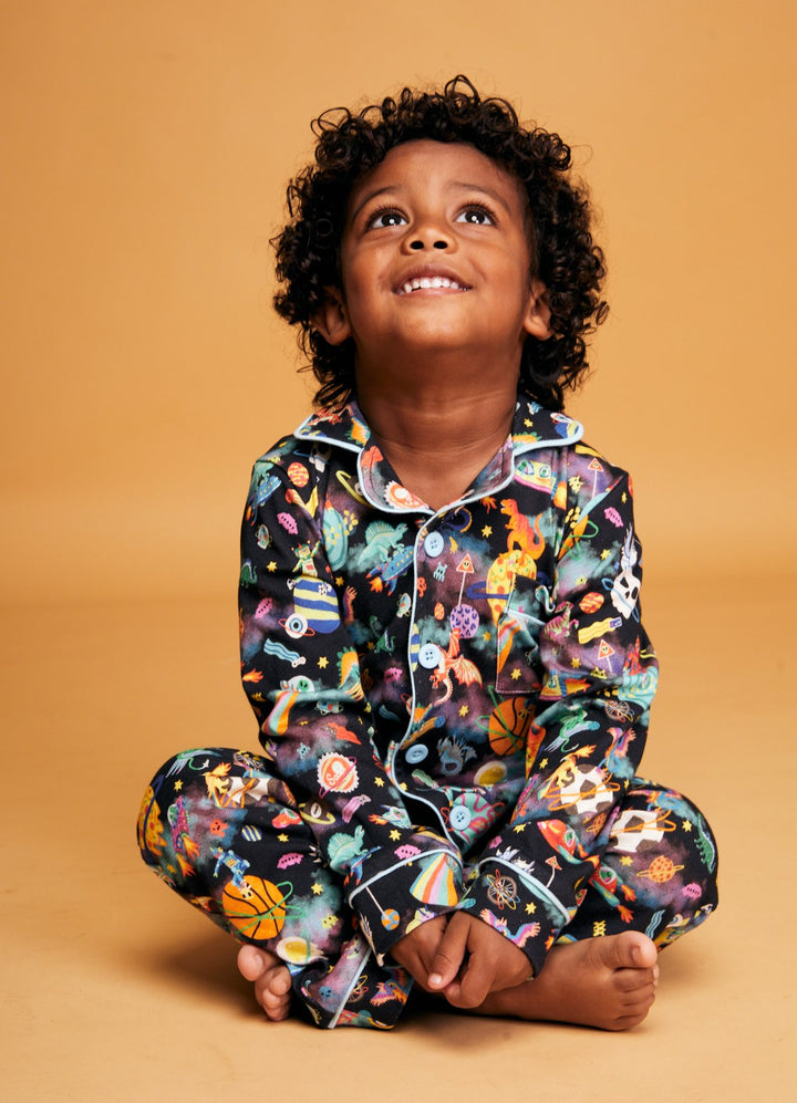 Pijama Americano Infantil Longo - Aventura Cósmica Preto