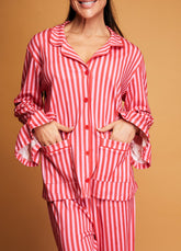 Pijama Americano com Babado Adulto Longo - Listrado Framboesa