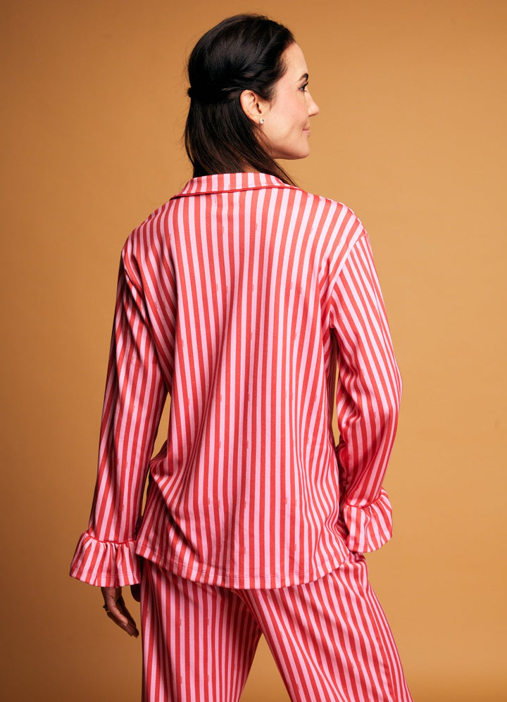 Pijama Americano com Babado Adulto Longo - Listrado Framboesa
