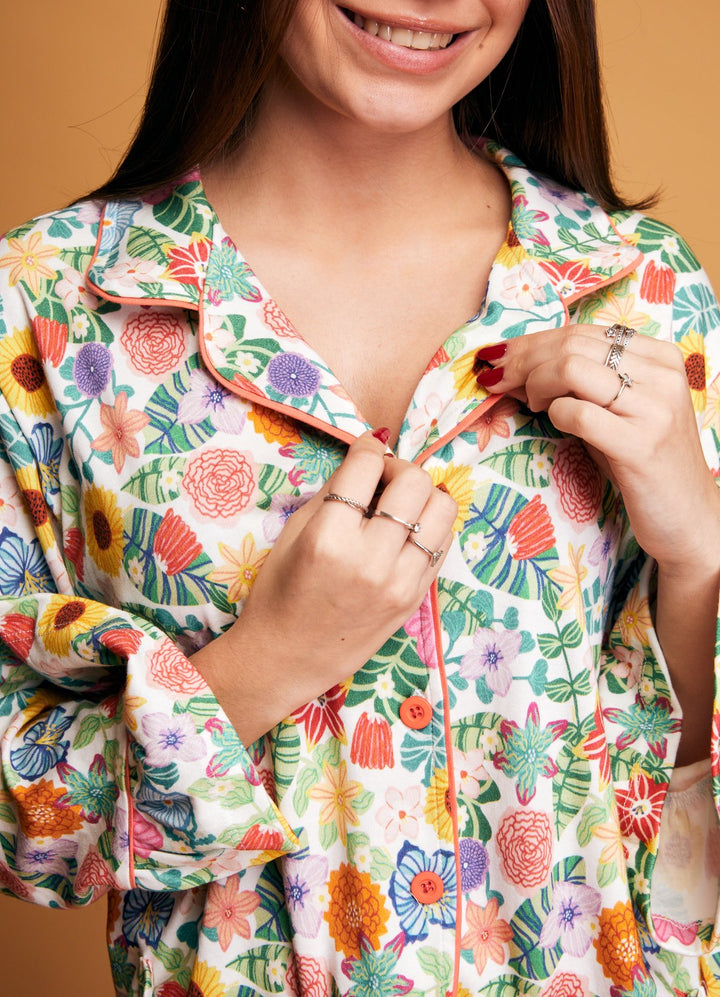 Pijama Americano com Babado Adulto Longo - Canteiro de Flores