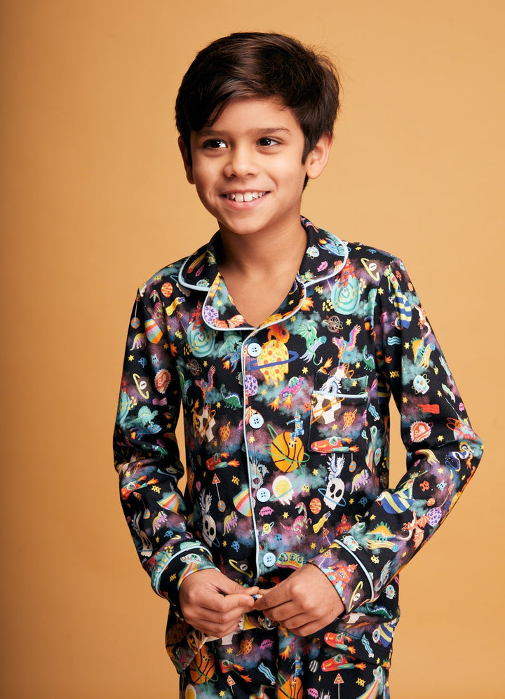 Pijama Americano Infantil Longo - Aventura Cósmica Preto