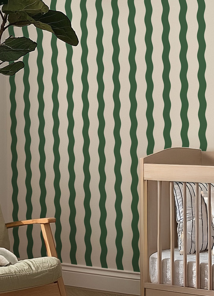 Papel de Parede Infantil - Listrado Ondas Verde Pinheiro