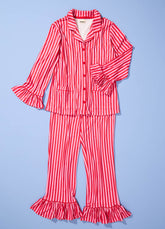 Pijama Americano com Babado Adulto Longo - Listrado Framboesa