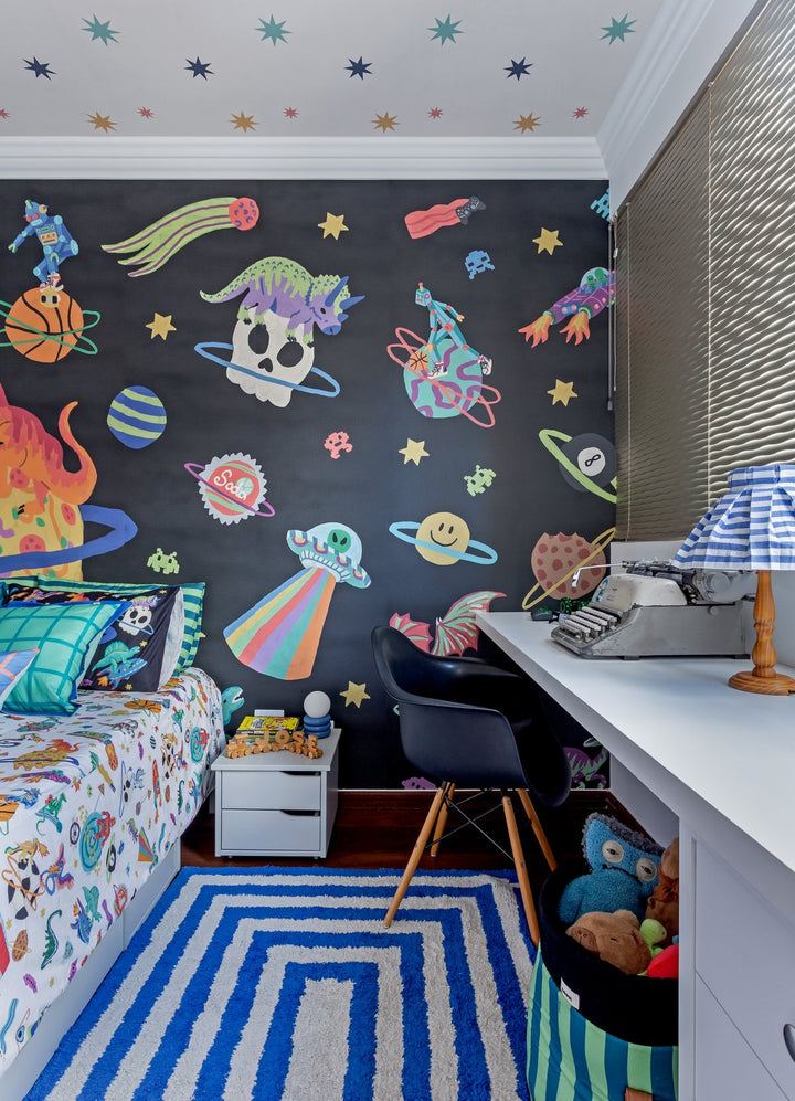 Papel de Parede Infantil Aventura Cósmica Preto - Painel