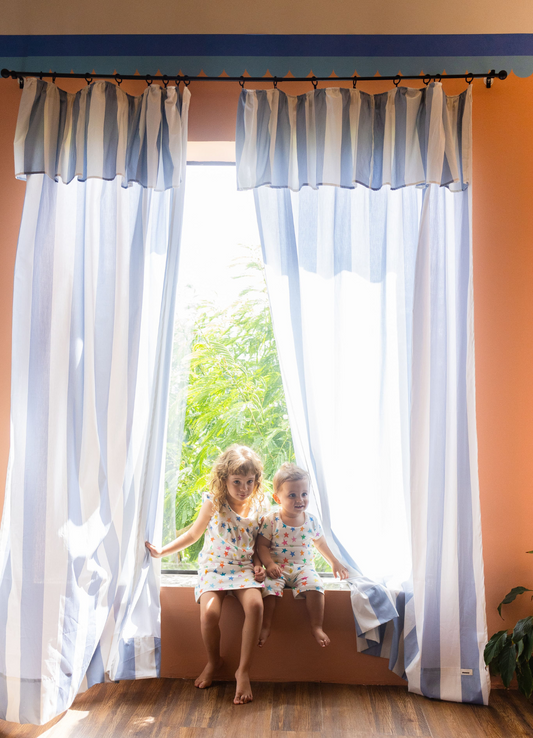 Cortina com Babado - Listrado Azul Oceano