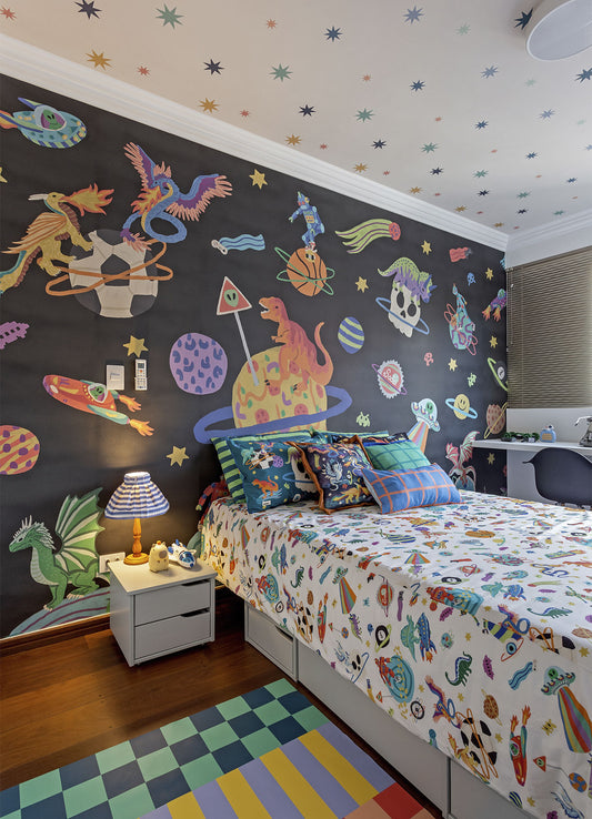 Papel de Parede Infantil Aventura Cósmica Preto - Painel