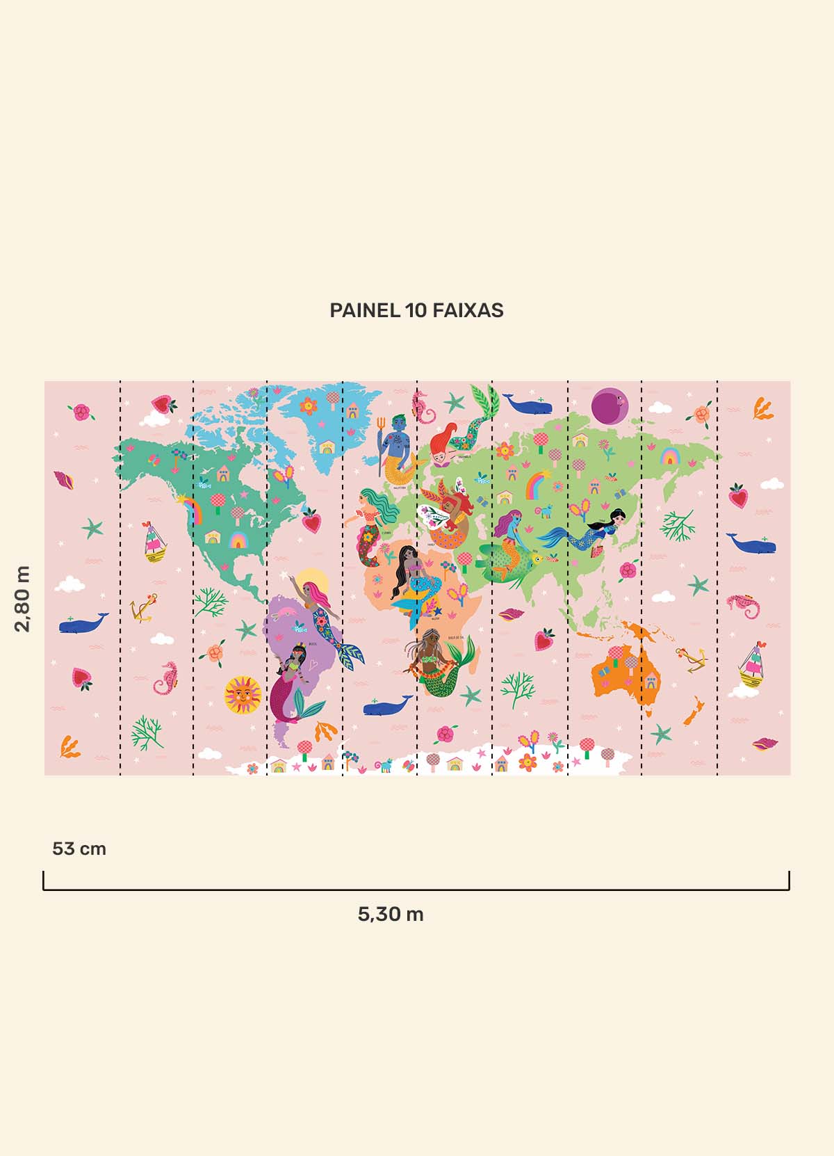 Papel de Parede Infantil Mapa-Múndi Sereias - Painel