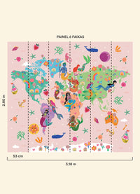 Papel de Parede Infantil Mapa-Múndi Sereias - Painel