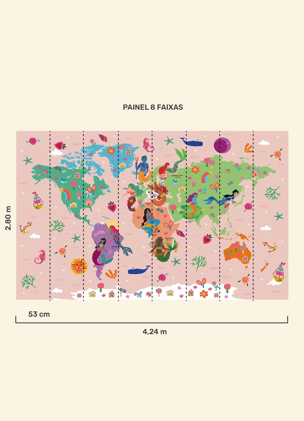 Papel de Parede Infantil Mapa-Múndi Sereias - Painel