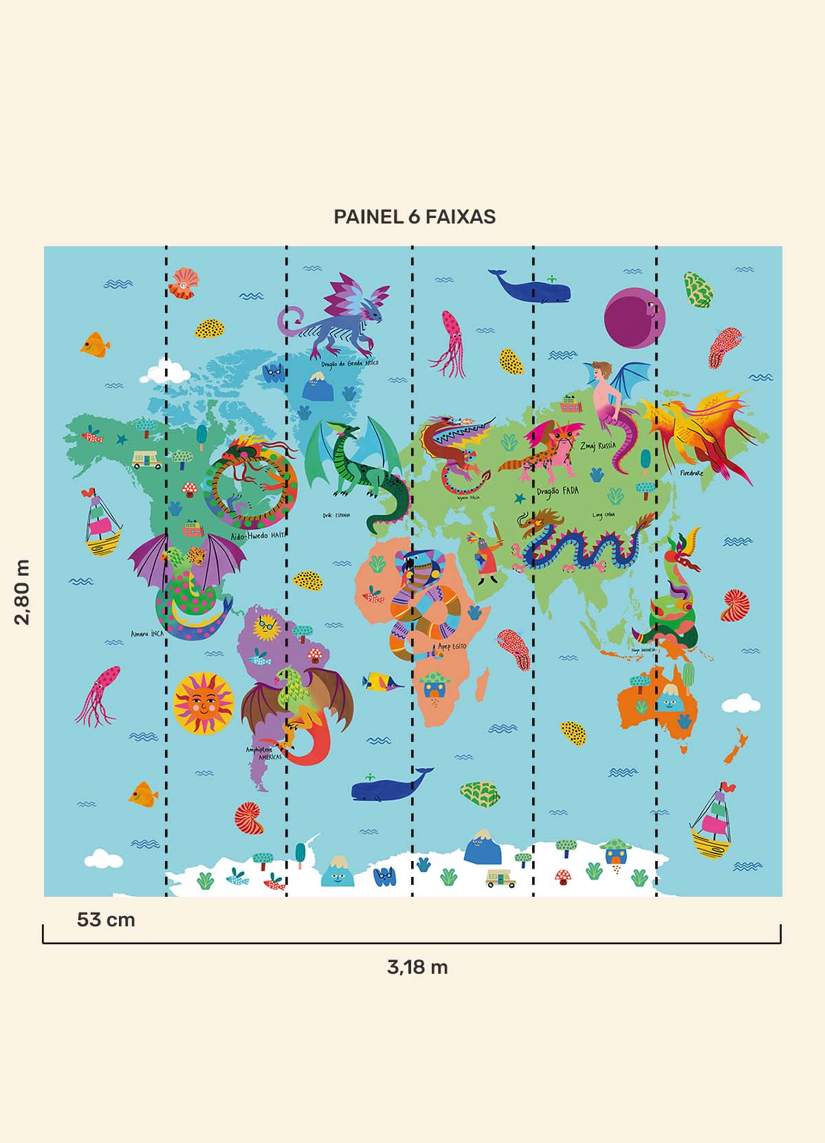 Papel de Parede Infantil Mapa-Múndi Dragões - Painel