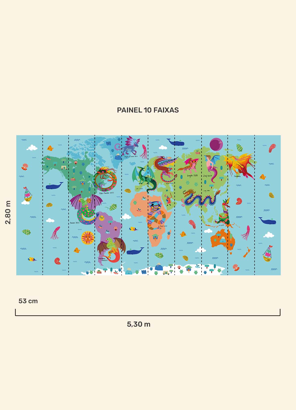 Papel de Parede Infantil Mapa-Múndi Dragões - Painel