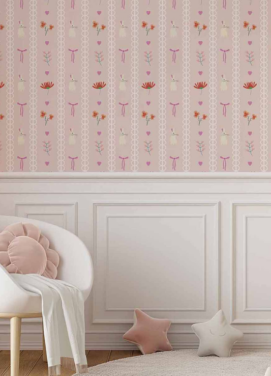 Papel de Parede Infantil - Flores e Coelhinhos