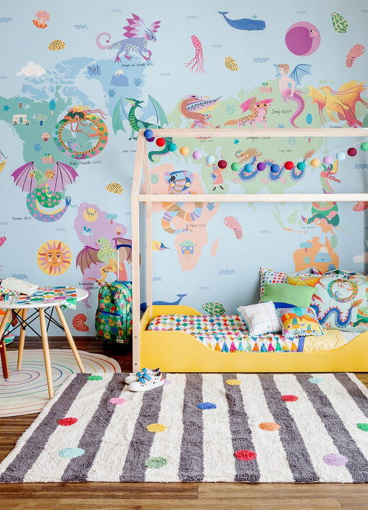 Papel de Parede Infantil Mapa-Múndi Dragões - Painel