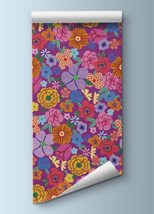 Papel de Parede Infantil - Buquê de Flores Roxo