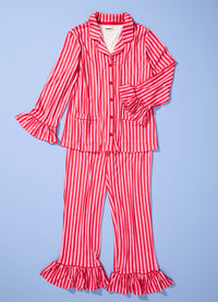 Pijama Americano com Babado Adulto Longo - Listrado Framboesa